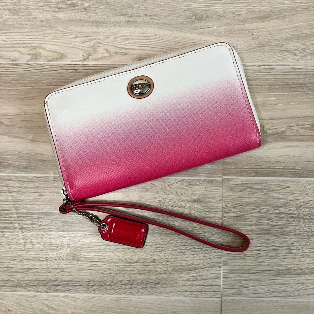 COACH Ombre Saffiano Leather Wristlet Zip Around Wallet Pink White Gradient